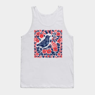 Blue and red Bird and Flowers Scandinavian Folk Art Tank Top